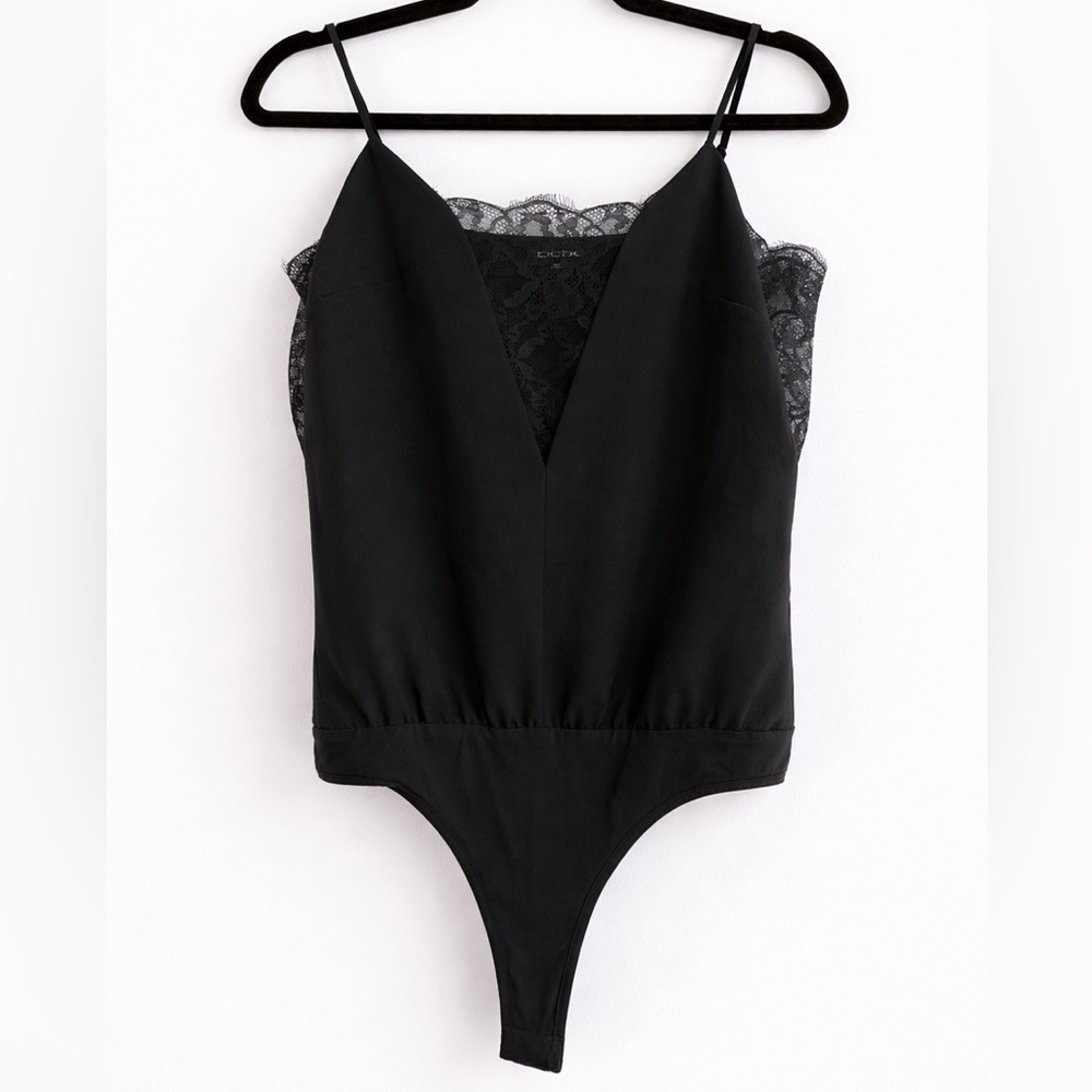 bebe Black Lace-Trim V-Neck Bodysuit